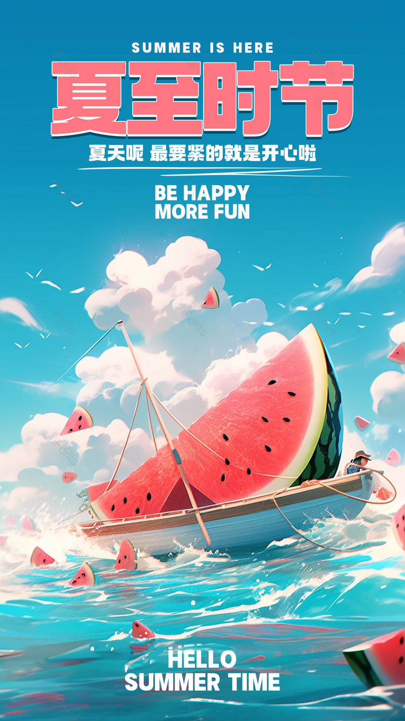 夏至时节卡通手绘插画西瓜大海节气海报,设计模板,设计模板大全,设计模板下载